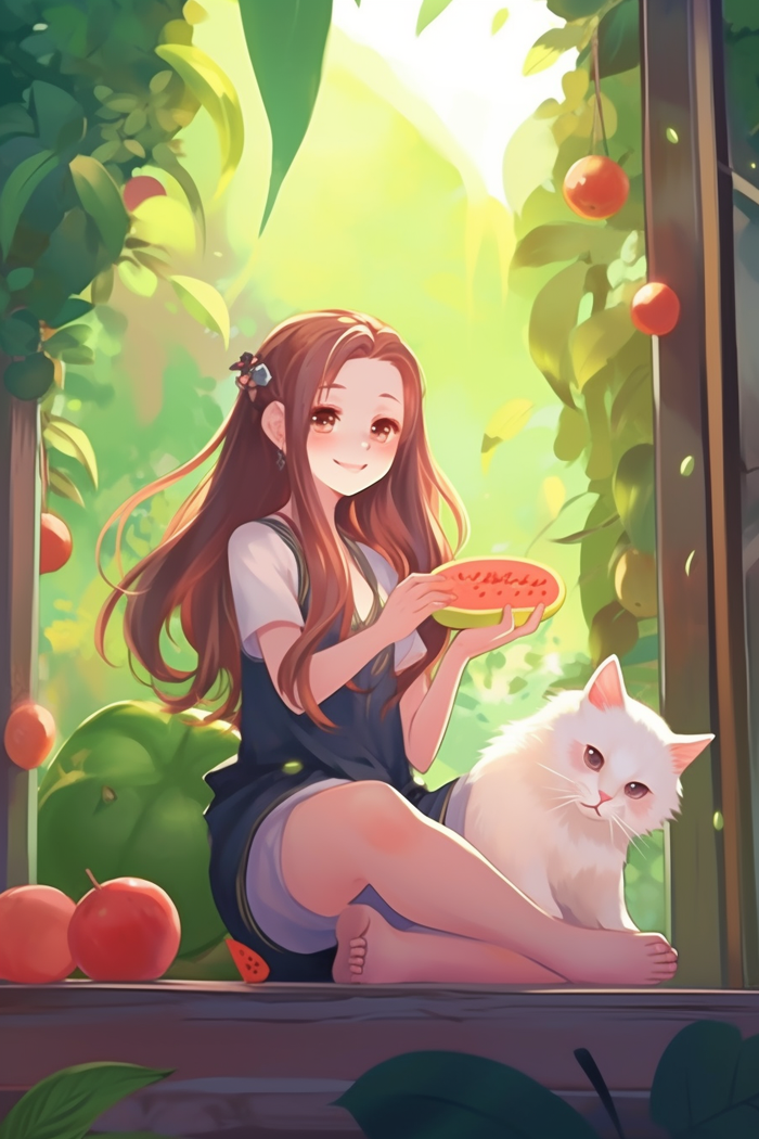 美丽少女坐着窗边和猫咪玩耍水果卡通插画素材背景