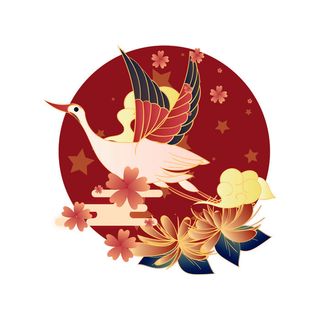 中国风国潮仙鹤山水插画手绘元素场景AI设计模板