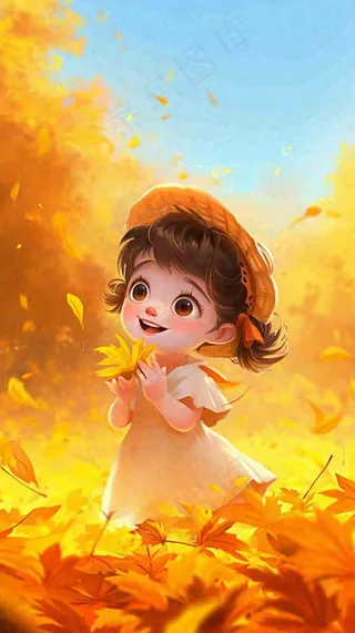 秋天温馨秋叶可爱少女插画，秋分小麦
