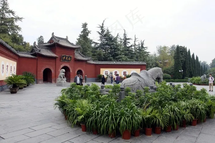 蓝天下的白马寺大门及门前的盆栽植物