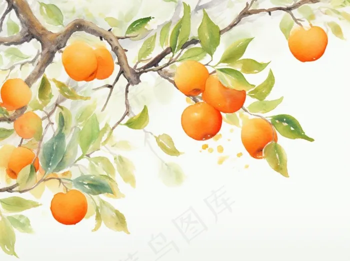 秋季柿子挂枝头橙子水彩国风插画背景(1264x944)