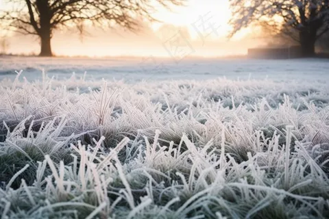 白霜覆盖着草地清晨摄影图