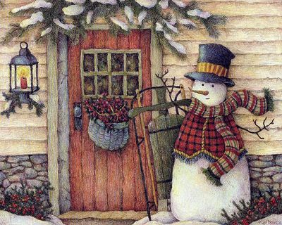 雪人乡村房子高清油画