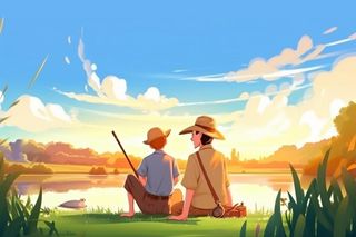 父亲节父子河边钓鱼温馨banner背景