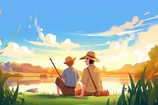 父亲节父子河边钓鱼温馨banner背景