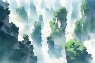 张家界风景水彩群山远景翠绿色插画