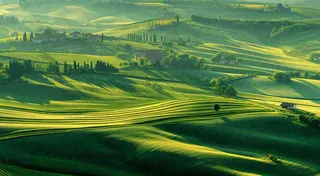 春日阳光下绿色连绵山脉草坪