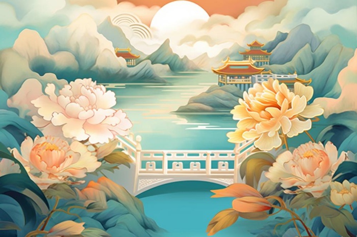 国潮云间建筑树枝插画背景(1344x896)