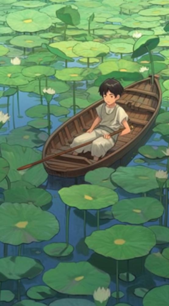 荷花荷叶池里划船的少年绿色插画背景(665x1200)