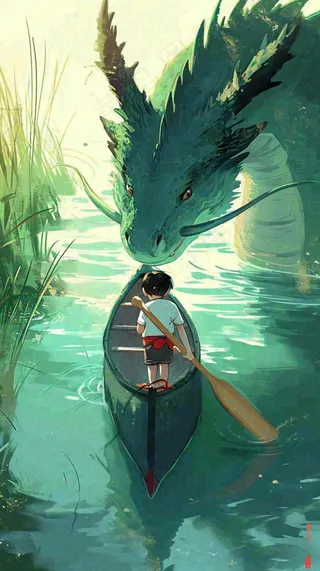 古风河面龙传统手绘插画，中国风漫画