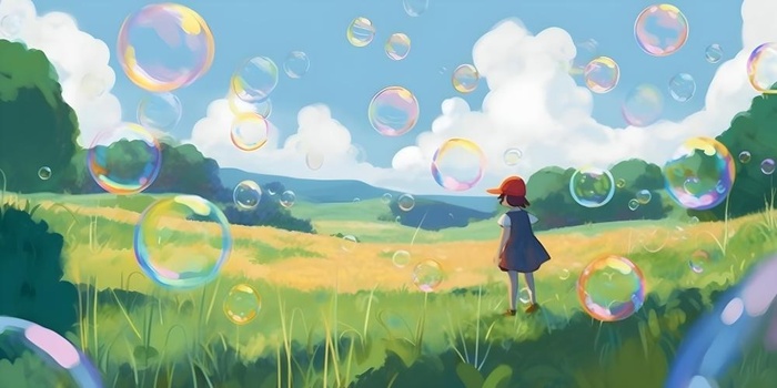 蓝天白云彩色泡泡彩虹草原树林风景插画背景