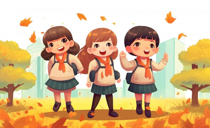 孩子们放学回家落叶欢乐卡通插画背景
