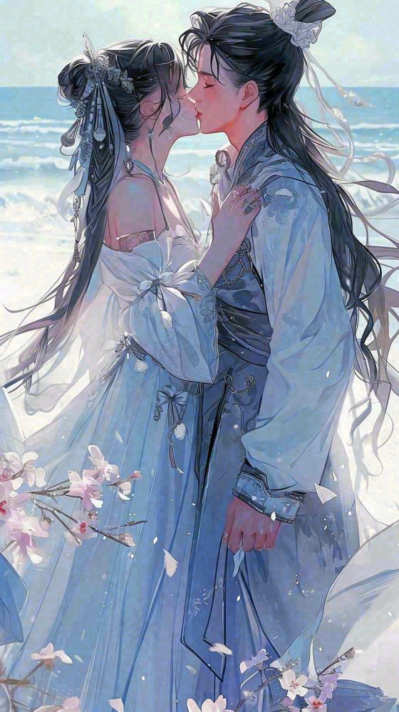 海边阳光沙滩情侣婚纱照爱情甜蜜情人节手绘插画(816x1456)