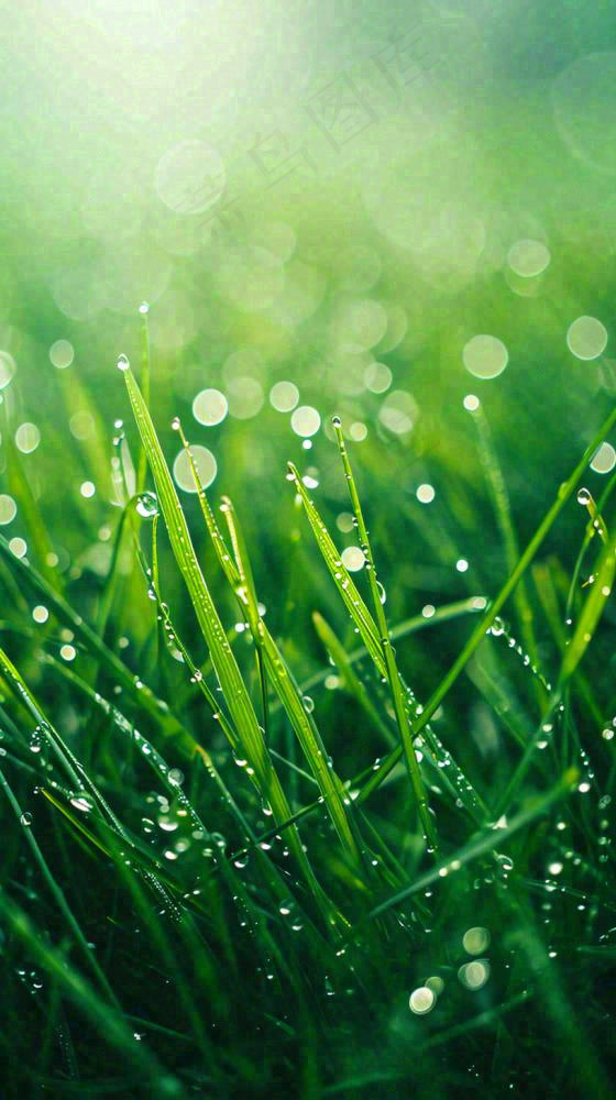 春天草地雨水雨露露珠绿草清新，谷雨雨水惊蛰白露摄影图(816x1456)