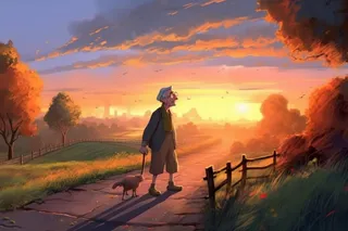 孤独老人落日背影