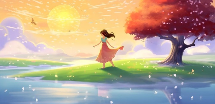 阳光下大树下的孩子草原背景