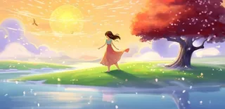 阳光下大树下的孩子草原背景