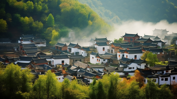 江西婺源清晨的村落里的烟火气风光摄影图