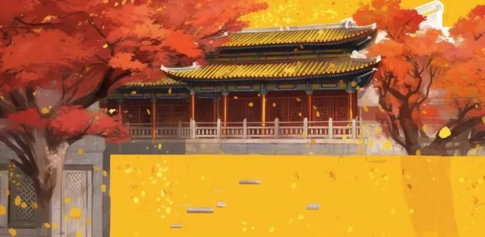 秋季宫墙树木落叶古风背景(1568x768)