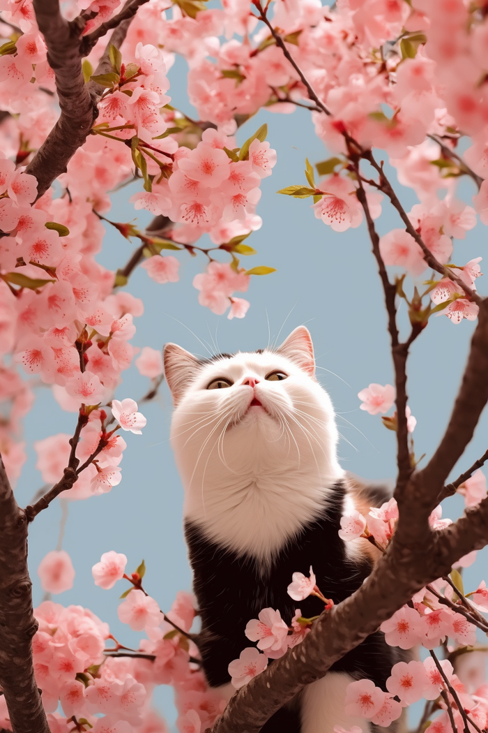 猫咪宠物站在樱花树玩耍摄影图(2688x4032)