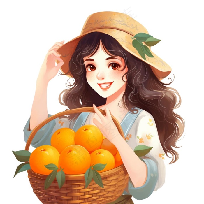 抱着一篮橘子的少女卡通插画免抠(1024x1024)