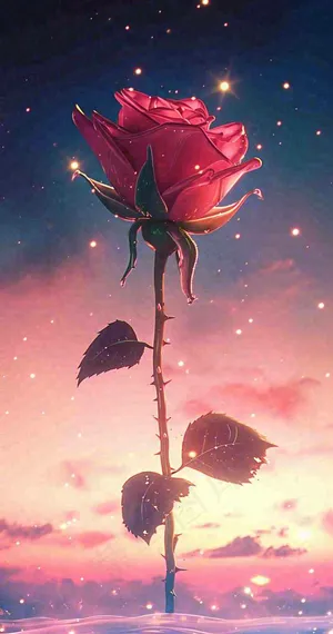 海平面上渐变落日前的一支粉色玫瑰花鲜花花朵，鲜艳爱情