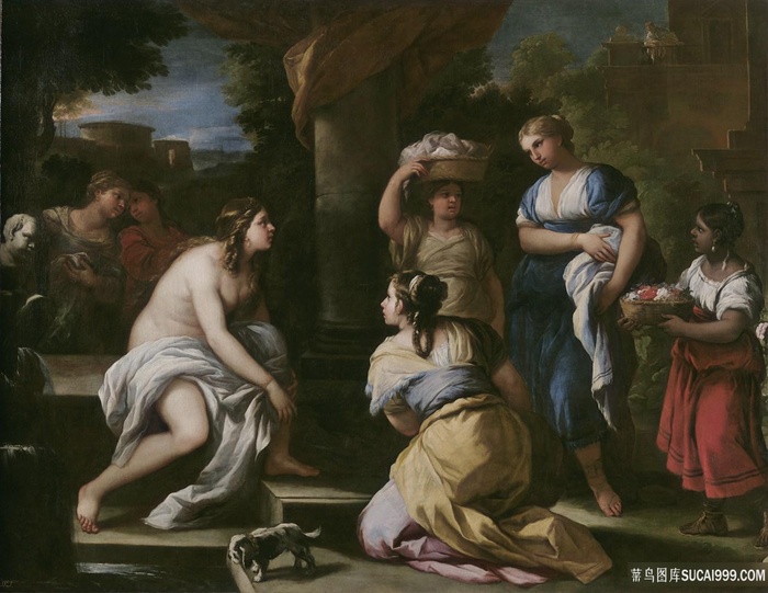 洗衣服妇人风景画油画