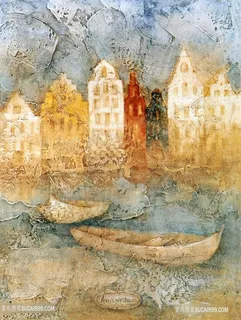 复古建筑木舟油画装饰画 复古建筑木舟油画装饰画