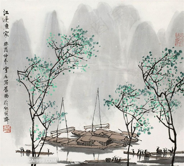 白雪石唯美湖畔船山脉风景画
