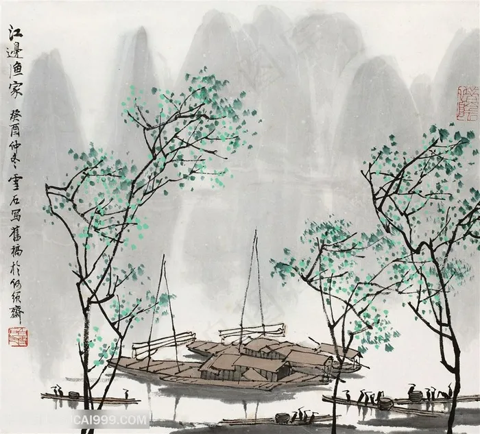 白雪石唯美湖畔船山脉风景画