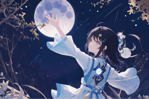 星空插画少女拜月