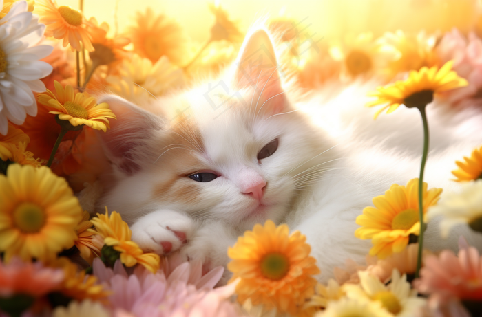 猫躺着花丛里的猫咪可爱菊花摄影图 (4080x2688)