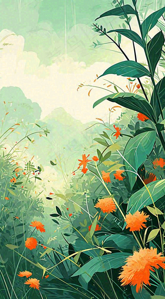 春天野草疯长水彩画，立春，春分