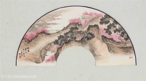 王军河工笔山水扇面边上桃花