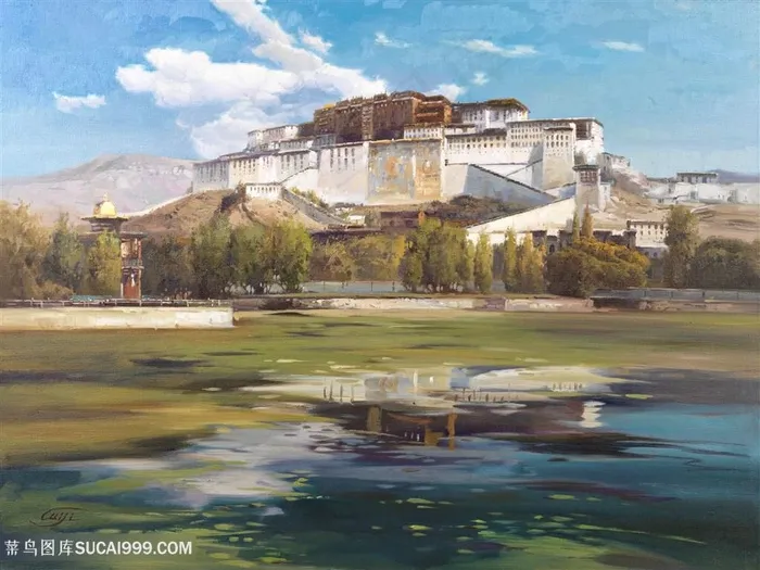 湖畔建筑高清美景油画风景画