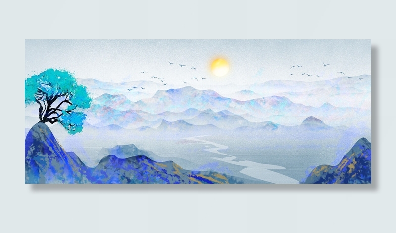 日出水彩山川风景绘画PSD素材