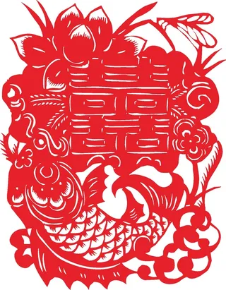 红色喜庆简约风春节窗花剪纸邮票吉祥如意恭喜发财红色双喜矢量图