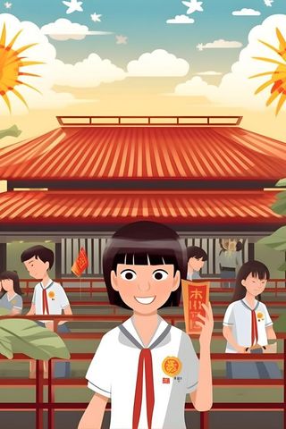 学生中国红祖国繁花背景