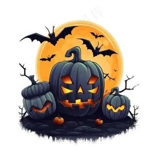 万圣节南瓜灯蝙蝠恐怖插画免抠