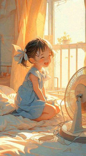 夏天风扇凉快清新儿童，阳光夏至手绘插画