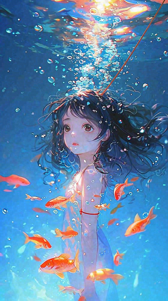 阳光水底光照游泳长发美人，鱼类金鱼，水气泡(816x1456)