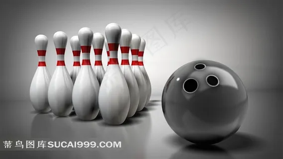 保龄球系列 - 黑色的保龄球和整齐的白色瓶子