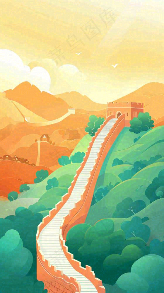 万里长城中国历史建筑扁平插画手绘，简约大气中国风(816x1456)
