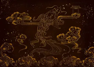 国潮鎏金复古烫金国风孔雀仙鹤装饰画素材PSD