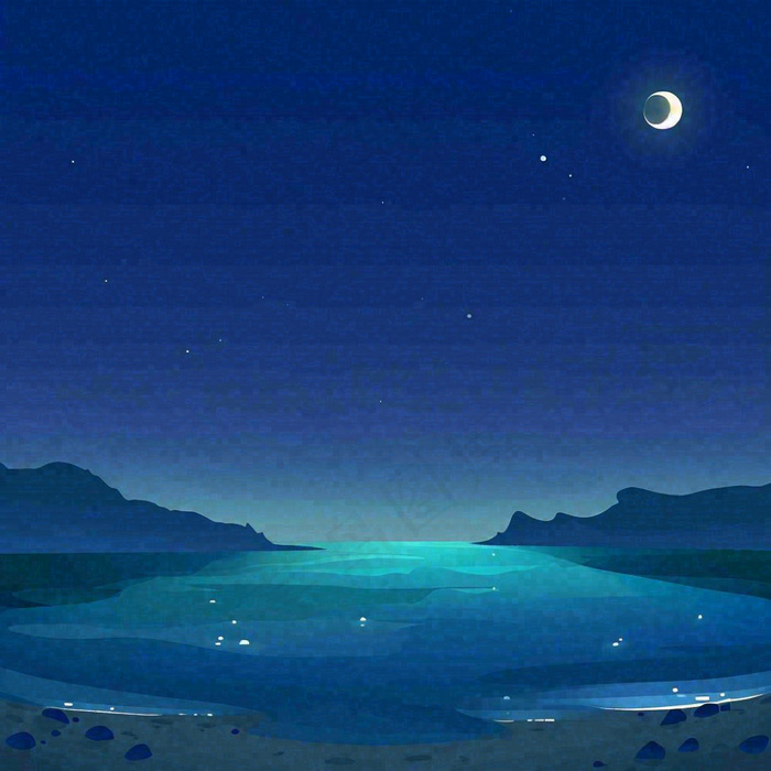 夜晚河面星空月亮唯美夜景扁平插画手绘(1024x1024)