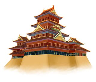 复古中国风国潮古建筑插画手绘高楼古塔PSD素材亭子png免抠图