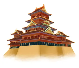 复古中国风国潮古建筑插画手绘高楼古塔PSD素材亭子png免抠图