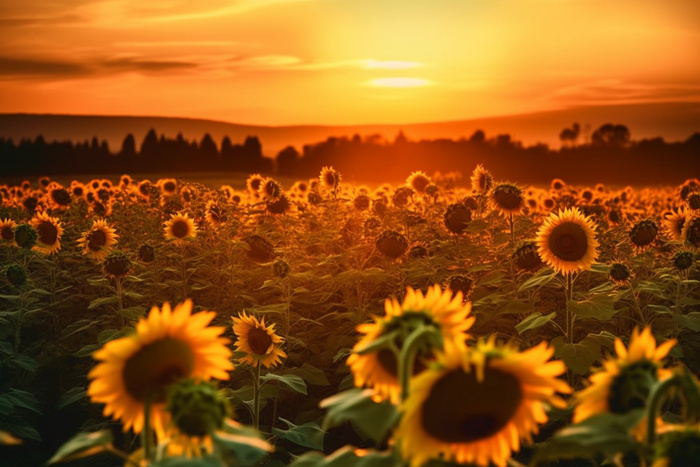 向日葵田上的金色夕阳和明亮的太阳摄影图壁纸