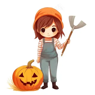 万圣节女孩南瓜灯搞怪插画免抠
