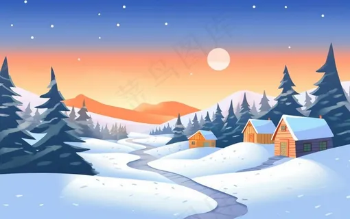 冬季晚霞白雪乡村村庄雪花雪景卡通插画背景